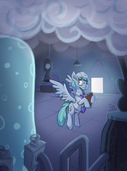 Size: 2268x3048 | Tagged: safe, artist:bkiltersot, feather flatterfly, pegasus, pony, g4, clipboard, clothes, cloud, cloudsdale, floating, glasses, machinery, male, necktie, solo, spread wings, stallion, weather factory, weather factory uniform, wings