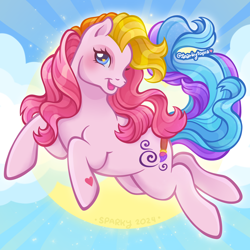 Size: 2400x2400 | Tagged: safe, artist:sparkytopia, toola-roola, earth pony, pony, g3, female, looking at you, mare, multicolored hair, open mouth, open smile, pink coat, rainbow hair, smiling, solo