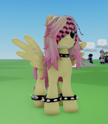 Size: 437x504 | Tagged: safe, fluttershy, pegasus, pony, g4, alternate hairstyle, alternate mane color, catalog avatar creator, collar, coontails, dyed mane, emoshy, female, game screencap, mare, roblox, scene, scene hair, scene kid, sceneshy, solo, spiked collar, spiked wristband, wristband