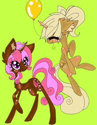 Size: 1163x1493 | Tagged: safe, artist:aspenglowe, oc, oc only, pony, unicorn, 2012, balloon, duo, duo female, female, green background, horn, mare, simple background, smiling