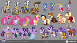 Size: 1920x1074 | Tagged: safe, artist:vladisfender, gameloft, applejack, pinkie pie, spike, starlight glimmer, twilight sparkle, zecora, alicorn, dragon, earth pony, pony, unicorn, zebra, g4, my little pony: magic princess, alternate hairstyle, behind the scenes, braid, braided tail, cheerleader pinkie, clothes, costume, cowboy hat, cowgirl, cowgirl outfit, dress, female, hair bun, hat, helmet, horn, horned helmet, king spike, knight, mare, mohawk, movie accurate, party hat, peacock feathers, pigtails, pith helmet, rockstar sparkle, safari hat, shoes, show accurate, simple background, southern belle, tail, twintails, viking, viking helmet