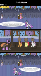 Size: 1920x3516 | Tagged: safe, artist:platinumdrop, apple bloom, luster dawn, princess flurry heart, scootaloo, sweetie belle, oc, alicorn, crystal pony, earth pony, pegasus, pony, unicorn, comic:dark heart, g4, 3 panel comic, abuse, alternate timeline, applebuse, bag, bag on head, clothes, collar, colt, comic, commission, crowd, crown, crystal, crystal empire, cutie mark crusaders, dark crystal, death penalty, dialogue, evil, evil flurry heart, execution, executioner, eyepatch, facial scar, female, flurry heart is amused, foal, folded wings, gag, gallows, hanging (by neck), helpless, horn, horn ring, imminent death, jewelry, lever, looking at someone, lusterbuse, magic suppression, male, mare, noose, older, older apple bloom, older cmc, older flurry heart, older scootaloo, older sweetie belle, punishment, regalia, restrained, ring, robe, rope, scar, scootabuse, slave, smug, speech bubble, spiked collar, spiked wristband, sweetiebuse, this will end in death, this will not end well, victorious villain, wall of tags, wings, wristband