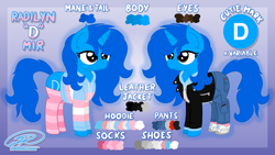 Size: 10240x5760 | Tagged: safe, artist:iamaveryrealperson, oc, oc only, oc:"d", pony, unicorn, blue coat, blue mane, blue pony, brown eyes, closed mouth, clothes, colored, cutie mark, denim, eyelashes, female, gradient background, hoodie, horn, jacket, jeans, leather, leather jacket, long hair, long mane, long tail, mare, name, pants, pink socks, pocket, pockets, pride, pride flag, programming socks, reference, reference sheet, shoes, signature, socks, solo, standing, striped socks, tail, text, thigh highs, trans female, transgender, transgender oc, transgender pride flag, unicorn horn, unicorn oc, zipper