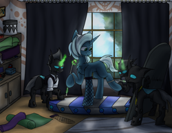 Size: 2673x2079 | Tagged: safe, artist:ashel_aras, oc, oc only, changeling, pony, unicorn, among us, boutique, changeling oc, clothes, curtains, horn, not trixie, room, stockings, thigh highs, window