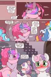 Size: 960x1440 | Tagged: safe, alternate version, artist:cold-blooded-twilight, cup cake, pinkie pie, pokey pierce, rainbow dash, scootaloo, sweetie belle, twilight sparkle, earth pony, pegasus, pony, unicorn, cold blooded twilight, comic:cold storm, g4, awestruck, blushing, comic, crush, crying, dialogue, female, filly, foal, horn, hug, male, mare, open mouth, open smile, puppy love, smiling, speech bubble, stallion, starry eyes, thought bubble, unicorn twilight, wingding eyes