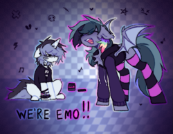 Size: 787x612 | Tagged: safe, artist:flixanoa, oc, oc only, oc:fef, oc:scrimmy, bat pony, unicorn, bracelet, checkered background, checkered floor, chest fluff, claws, clothes, coontails, duo, emo, fangs, floating heart, frown, hair dye, hair gel, heart, hoodie, horn, human shoulders, jewelry, leg fluff, meme, music notes, open frown, open mouth, outline, rainbow, sad, screaming, shirt, sitting, slender, socks, spread wings, standing, striped socks, t-shirt, text, thigh highs, thin, wing claws, wings, wristband