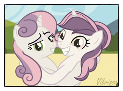 Size: 4055x3005 | Tagged: safe, artist:vibrissa, sweetie belle, oc, oc:sweetieck dreams, pony, unicorn, g4, canon x oc, dreamworks face, duo, duo female, female, filly, grin, hair bun, horn, hug, mare, older, older sweetie belle, posing for photo, ship:dreamsbelle, smiling