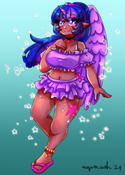 Size: 2550x3569 | Tagged: safe, artist:mylittleyuri, twilight sparkle, human, g4, alicorn humanization, alternate hairstyle, anklet, belly, belly button, blushing, breasts, choker, clothes, cute, cute little fangs, dark skin, elf ears, fangs, feet, female, gradient background, horned humanization, humanized, jewelry, sandals, solo, swimsuit, twiabetes, winged humanization