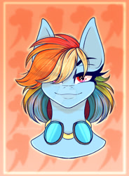 Size: 1024x1393 | Tagged: safe, artist:darklordmonte, rainbow dash, pegasus, pony, g4, bust, cutie mark background, deviantart watermark, female, goggles, hair over one eye, mare, obtrusive watermark, portrait, signature, smiling, solo, watermark, wingding eyes