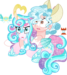 Size: 1280x1428 | Tagged: safe, artist:mrufka69, cozy glow, princess flurry heart, alicorn, pegasus, pony, g4, alternate design, armor, beanbrows, bow, coat markings, curved horn, duo, duo female, ear piercing, earring, ears back, eyebrows, eyebrows visible through hair, fantasy class, female, folded wings, gradient horn, gradient mane, hair bow, hoof shoes, horn, jewelry, lesbian, lip piercing, lying down, mare, older, older cozy glow, older flurry heart, on side, piercing, princess shoes, redesign, shaped horn, ship:cozyheart, shipping, shrunken pupils, socks (coat markings), sparkly mane, sparkly tail, sparkly wings, tail, warrior, warrior flurry heart, wings