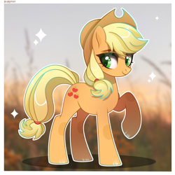 Size: 2880x2880 | Tagged: safe, artist:scarffist, applejack, earth pony, pony, g4, applejack's hat, base used, blonde, blonde hair, blonde mane, blonde tail, cowboy hat, green eyes, happy, hat, long hair, long mane, long tail, looking back, passepartout, ponytail, real life background, shiny hooves, smiling, solo, sparkles, stetson, tail