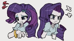 Size: 1365x754 | Tagged: safe, artist:jwnn_, part of a set, rarity, equestria girls, g4, angry, angry rarity, bangles, blouse, blue eyes, blue eyeshadow, bust, colored sclera, cutie mark accessory, cutie mark hair accessory, duality, emanata, eye clipping through hair, eyebrows, eyebrows visible through hair, eyeshadow, female, frown, gray sclera, grimacing, grossed out, hair accessory, light skin, long hair, makeup, pouting, purple hair, rarity is not amused, shiny hair, shrunken pupils, simple background, solo, thick eyelashes, unamused, white background