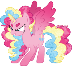 Size: 1280x1171 | Tagged: safe, artist:mrufka69, pinkie pie, alicorn, pony, g4, alicornified, beanbrows, colored wings, determined, eyebrows, female, gradient horn, gradient legs, gradient wings, grin, horn, mare, pinkiecorn, race swap, simple background, smiling, solo, sparkly mane, sparkly tail, spread wings, striped horn, tail, transparent background, wings, xk-class end-of-the-world scenario