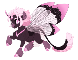 Size: 3500x2700 | Tagged: safe, artist:gigason, oc, oc only, oc:bonbonniere, changepony, hybrid, adoptable, brown coat, butterfly wings, carapace, cloven hooves, coat markings, colored eyebrows, colored hooves, colored horn, colored pinnae, colored wings, curved horn, ear fluff, eye clipping through hair, eye markings, facial markings, female, gradient hooves, hooves, horn, hybrid oc, insect wings, interspecies offspring, leonine tail, long tail, looking back, magical lesbian spawn, male, male oc, multicolored wings, obtrusive watermark, offspring, parent:oc:silver stain, parent:oc:zelus, pink eyes, pink mane, pink sclera, pink tail, raised hoof, raised leg, shiny hooves, shiny horn, short mane, simple background, smiling, snip (coat marking), socks (coat markings), solo, standing, standing on one leg, striped horn, tail, tail fluff, three quarter view, three toned mane, three toned tail, transparent background, transparent wings, unicorn horn, unshorn fetlocks, wall of tags, watermark, white pupils, wing markings, wings