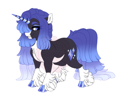 Size: 3500x2700 | Tagged: safe, artist:gigason, oc, oc only, oc:crown glass, pony, unicorn, g4, adoptable, black coat, blue eyes, blue eyeshadow, blue hooves, blue mane, blue pupils, blue tail, chest fluff, cloven hooves, coat markings, colored eyebrows, colored hooves, colored horn, colored pinnae, colored pupils, ear fluff, eye clipping through hair, eyeshadow, female, female oc, gradient mane, gradient tail, hair over one eye, hooves, horn, long mane, long tail, looking back, magical lesbian spawn, makeup, mare, mare oc, multicolored mane, multicolored tail, obtrusive watermark, offspring, pale belly, parent:oc:zelus, parent:rarity, parents:canon x oc, shaggy mane, shaggy tail, shiny horn, simple background, smiling, socks (coat markings), solo, standing, striped horn, tail, thick eyebrows, three quarter view, transparent background, unicorn oc, watermark, white bellly