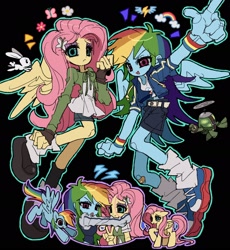 Size: 2000x2170 | Tagged: safe, artist:jwnn_, angel bunny, fluttershy, rainbow dash, tank, human, pegasus, pony, rabbit, tortoise, equestria girls, g4, animal, bandaid, belt, black background, blue coat, blue skin, bomber jacket, butterfly hairpin, cardigan, clothes, colored sclera, cutie mark accessory, cutie mark hair accessory, cutie mark on clothes, dress, duo focus, emanata, exposed belly, eye clipping through hair, eyebrows, eyebrows visible through hair, eyelashes, eyeshadow, female, fingerless gloves, flying, frown, gloves, goggles, gray sclera, group, hair accessory, hairclip, high res, hug, human ponidox, jacket, leg warmers, lesbian, long arms, long hair, long legs, looking at you, magenta eyes, makeup, mary janes, midriff, multicolored hair, multicolored tail, open mouth, open smile, outline, peace sign, pink eyeshadow, pink hair, pink mane, pink tail, platform shoes, pointing, pointing up, ponied up, propeller, quartet, rainbow hair, rainbow tail, raised arm, raised hoof, self paradox, self ponidox, shiny hair, ship:flutterdash, shipping, shoes, shorts, shorts under skirt, simple background, skirt, slender, smiling, sneakers, spread wings, standing, standing on three hooves, sundress, sweatband, tail, teal eyes, thick eyelashes, thin, thin arms, thin legs, tongue out, varsity jacket, wall of tags, wings, wristband, yellow coat, yellow skin