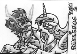 Size: 1701x1196 | Tagged: safe, artist:rosa ushiromiya, idw, king sombra, princess celestia, alicorn, pony, unicorn, friendship is magic #20, g4, reflections, spoiler:comic, crown, duo, duo male and female, female, former good king sombra, good king sombra, horn, jewelry, male, mare, regalia, scene interpretation, ship:celestibra, shipping, sombra eyes, spanish, stallion, straight, traditional art