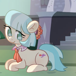 Size: 1689x1689 | Tagged: safe, artist:rlabbiy, coco pommel, earth pony, pony, g4, female, lying down, mare, prone, smiling, solo, text