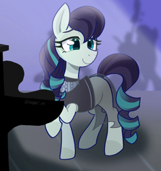 Size: 1366x1444 | Tagged: safe, artist:rlabbiy, coloratura, earth pony, pony, g4, clothes, dress, female, mare, musical instrument, piano, raised hoof, smiling, solo, text