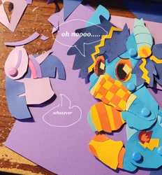 Size: 1816x1960 | Tagged: safe, artist:koidial, part of a set, twilight sparkle, oc, oc:dreadful blue horse!, bat pony, pony, unicorn, g4, 3d cutie mark, bangs, bat pony oc, bell, blue coat, blue mane, clothes, colored belly, colored paper, colored pinnae, colored sclera, craft, dialogue, duo, duo female, ear piercing, ear tufts, earring, eye clipping through hair, eyebrows, eyebrows visible through hair, female, female oc, hoof over mouth, horn, jewelry, mare, mare oc, mismatched leg warmers, no face, pale belly, paper doll, papercraft, photo, piercing, ponysona, purple coat, raised hoof, red eyes, sitting, socks, speech bubble, spiky mane, striped leg warmers, striped mane, talking, text, three toned mane, traditional art, two toned mane, two toned sclera, unicorn twilight, wall of tags