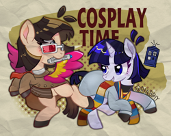 Size: 2560x2037 | Tagged: safe, artist:rlabbiy, oc, oc only, earth pony, pony, unicorn, abstract background, clothes, colored wings, cosplay, costume, doctor who, duo, female, glasses, grin, horn, mare, mouth hold, phone booth, scarf, smiling, sonic screwdriver, suit, tardis, text, two toned wings, unshorn fetlocks, wings