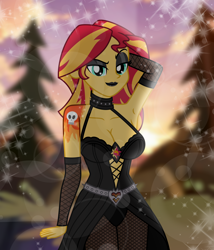 Size: 6264x7332 | Tagged: safe, artist:emeraldblast63, sunset shimmer, human, equestria girls, g4, bare shoulders, black lipstick, breasts, busty sunset shimmer, choker, cleavage, clothes, collar, femme fatale, fishnet clothing, fishnet gloves, fishnet pantyhose, fishnet stockings, gloves, human sunset, legs together, lipstick, pantyhose, sleeveless, stockings, stupid sexy sunset shimmer, tattoo, thigh highs, vamp