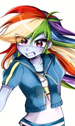 Size: 607x1024 | Tagged: safe, artist:pulse, rainbow dash, human, equestria girls, g4, angry, clothes, cross-popping veins, emanata, eye clipping through hair, female, gritted teeth, jacket, looking at you, multicolored hair, rainbow hair, simple background, solo, teeth, white background