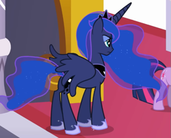 Size: 675x545 | Tagged: safe, screencap, princess luna, twilight sparkle, alicorn, pony, unicorn, g4, season 3, the crystal empire, animation error, cropped, duo, duo female, ethereal mane, ethereal tail, female, hoof shoes, jewelry, lidded eyes, mare, partially open wings, peytral, solo focus, tail, tiara, unicorn twilight, unimpressed, wings