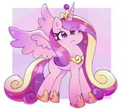 Size: 1874x1686 | Tagged: safe, artist:leo19969525, princess cadance, alicorn, pony, g4, :c, cadance's crown, colored wings, crown, eye clipping through hair, female, frown, hair over one eye, hoof shoes, horn, jewelry, looking at you, mare, passepartout, peytral, regalia, solo, sparkly mane, sparkly tail, sparkly wings, spread wings, tail, two toned wings, unamused, wings