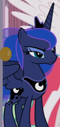 Size: 268x570 | Tagged: safe, screencap, princess luna, alicorn, pony, g4, season 3, the crystal empire, cropped, crown, ethereal mane, female, implied twilight sparkle, jewelry, lidded eyes, looking at someone, mare, offscreen character, partially open wings, peytral, regalia, solo focus, standing, tiara, unimpressed, wings