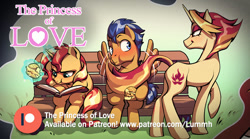 Size: 1000x556 | Tagged: safe, artist:baban illustration, artist:lummh, fire flare, flash sentry, sunset shimmer, pegasus, pony, unicorn, g4, bench, book, burger, butt, female, filly, filly sunset shimmer, foal, food, hay burger, horn, levitation, looking at each other, looking at someone, magic, male, mare, patreon, patreon logo, plot, seduction, spread wings, stallion, tail, tail seduce, telekinesis, wings, younger, younger sunset