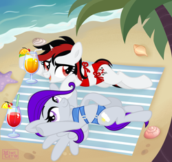 Size: 4848x4560 | Tagged: safe, artist:ghostpikachu, derpibooru exclusive, oc, oc only, oc:blackjack, oc:morning glory (project horizons), pegasus, unicorn, fallout equestria, fallout equestria: project horizons, g4, alcohol, base artist:mimicat, base used, beach, bikini, clothes, drink, duo, duo female, fanfic art, female, horn, lying down, mare, ocean, on back, palm tree, small horn, swimsuit, tree, water, wings