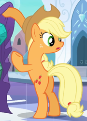 Size: 338x470 | Tagged: safe, screencap, applejack, earth pony, pony, g4, season 3, the crystal empire, applebutt, applejack is best facemaker, applejack's hat, bipedal, butt, cowboy hat, cropped, crystal empire, cute, female, hat, jackabetes, lifting, looking at someone, looking back, mare, offscreen character, solo, tarp, turned head