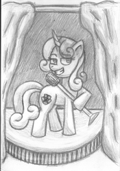 Size: 1188x1697 | Tagged: safe, artist:rosa ushiromiya, sweetie belle, pony, unicorn, g4, female, horn, looking at you, mare, microphone, older, older sweetie belle, smiling, smiling at you, traditional art