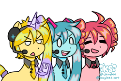 Size: 2048x1365 | Tagged: safe, artist:kaylees-art, earth pony, pony, unicorn, akita neru, anime, clothes, female, flip phone, hatsune miku, headset, horn, kasane teto, mare, necktie, ponified, simple background, trio, triple baka, vocaloid, white background