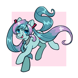 Size: 2048x2048 | Tagged: safe, artist:kaylees-art, earth pony, pony, anime, clothes, female, hatsune miku, headset, looking at you, mare, necktie, passepartout, pigtails, ponified, solo, twintails, vocaloid