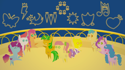 Size: 1920x1080 | Tagged: safe, artist:carrotorangelight, hitch trailblazer, izzy moonbow, misty brightdawn, pipp petals, posey bloom, sunny starscout, zipp storm, oc, oc:orangelight amber, oc:star strike, earth pony, pegasus, pony, unicorn, g5, my little pony: tell your tale, sleepover!!, crystal brighthouse, female, horn, male, mane five, mane six (g5), party, pointy ponies, rebirth misty