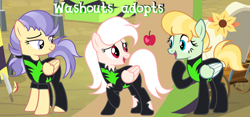 Size: 1280x598 | Tagged: safe, artist:vi45, oc, oc only, pegasus, pony, clothes, female, mare, screencap background, trio, trio female, uniform, washouts uniform