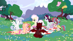 Size: 4500x2531 | Tagged: safe, artist:vi45, oc, oc only, bat pony, butterfly, earth pony, pegasus, pony, unicorn, basket, cake, cake slice, cup, female, flower, food, horn, mare, picnic basket, picnic blanket, plate, teacup, teapot, tree