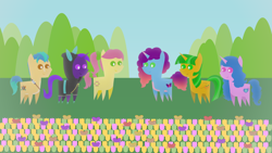 Size: 1920x1080 | Tagged: safe, artist:carrotorangelight, hitch trailblazer, izzy moonbow, misty brightdawn, posey bloom, oc, oc:aurora star, oc:orangelight amber, earth pony, pony, unicorn, g5, female, flower, horn, male, pointy ponies, rebirth misty, tulip