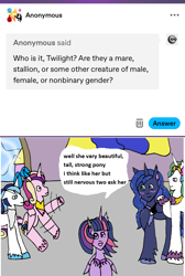 Size: 1173x1745 | Tagged: safe, artist:ask-luciavampire, princess cadance, princess celestia, princess luna, shining armor, twilight sparkle, alicorn, pony, tumblr:ask-luciavampire, g4, ask, female, lesbian, male, mare, ship:twiluna, shipping, stallion, tumblr, tumblr:ask-theroyals-diaries, twilight sparkle (alicorn)