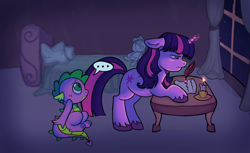 Size: 1502x918 | Tagged: safe, artist:kreeeeeez, smarty pants, spike, twilight sparkle, dragon, pony, unicorn, g4, baby, baby spike, bed, candle, duo, duo male and female, female, filly, filly twilight sparkle, floppy ears, horn, male, pillow, quill, table, unicorn twilight, window, wingless spike, writing, younger