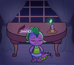 Size: 851x744 | Tagged: safe, artist:kreeeeeez, spike, dragon, g4, baby, baby dragon, baby spike, candle, male, quill, solo, table, window, wingless spike, younger