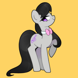 Size: 1750x1750 | Tagged: safe, artist:vivian reed, octavia melody, earth pony, pony, g4, bowtie, eye clipping through hair, eyelashes, female, heart, heart eyes, lidded eyes, looking back, mare, octavia's bowtie, profile, raised hoof, signature, simple background, smiling, smiling at you, solo, standing, wingding eyes, yellow background