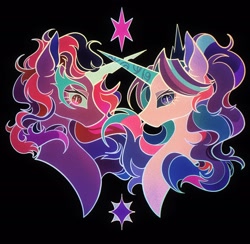 Size: 2101x2048 | Tagged: safe, artist:tkotu434, starlight glimmer, twilight sparkle, alicorn, pony, g4, black background, bust, crossed horns, duo, duo female, female, horn, horns are touching, long horn, looking at you, mare, midnight sparkle, simple background, slit pupils