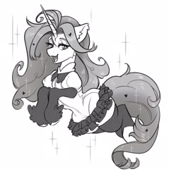 Size: 2369x2476 | Tagged: safe, artist:opalacorn, oc, oc only, pony, unicorn, black and white, cheek fluff, ear fluff, female, grayscale, horn, large butt, lidded eyes, mare, monochrome, open mouth, open smile, simple background, smiling, solo, sparkles, white background, wide hips