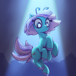 Size: 3000x3000 | Tagged: safe, artist:t72b, oc, oc only, oc:reticula, alien, alien pony, pony, :<, antennae, beam, extra legs, floating, forest, levitation, light, looking down, magic, nature, night, six legs, six-legged pony, sky, solo, telekinesis, tree, ufo