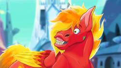 Size: 3840x2160 | Tagged: safe, artist:ragedox, oc, oc only, oc:ragedox, hybrid, pegasus, flehmen response, horses doing horse things, orange mane, orange tail, pegasus oc, red skin, smiling, solo, tail, teeth, yellow mane, yellow tail