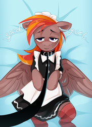 Size: 2480x3412 | Tagged: safe, artist:anotherdeadrat, oc, oc only, oc:coma, pegasus, brainwashed, clothes, collar, crossdressing, hypnosis, leash, maid, male, pegasus oc, solo