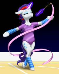 Size: 1024x1280 | Tagged: safe, artist:vasilium, rarity, unicorn, semi-anthro, g4, clothes, female, gymnastics, horn, leg warmers, leotard, magic, purple leotard, rarity's leotard, ribbon dancing, solo, telekinesis